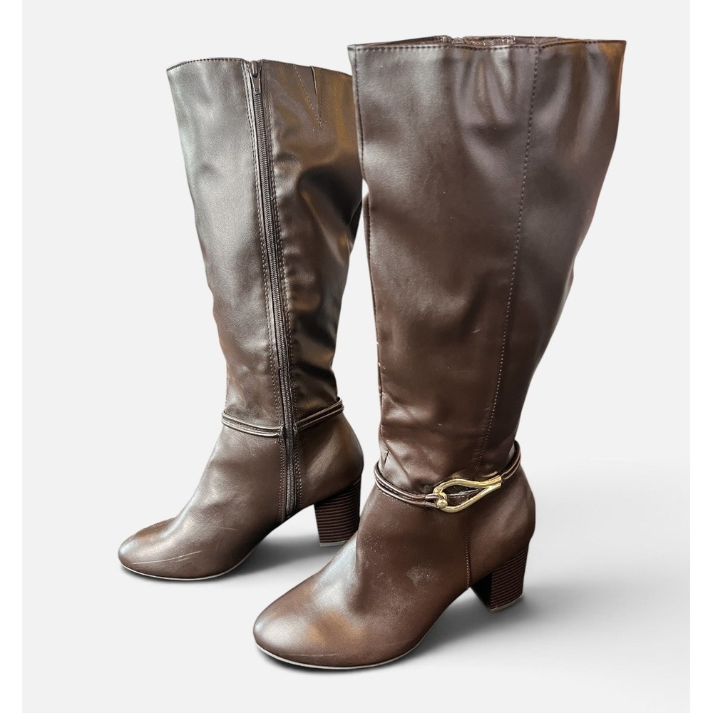 Audrey Brooke Women's Size 10 Brown Knee High Boots Gold Buckle Block Heel Zip